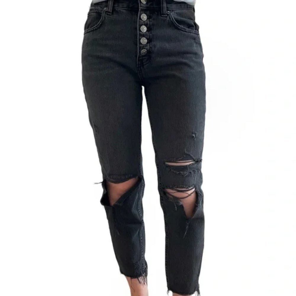 We The Free High Waist Exposed Button Distressed Mom Jeans Washed Black